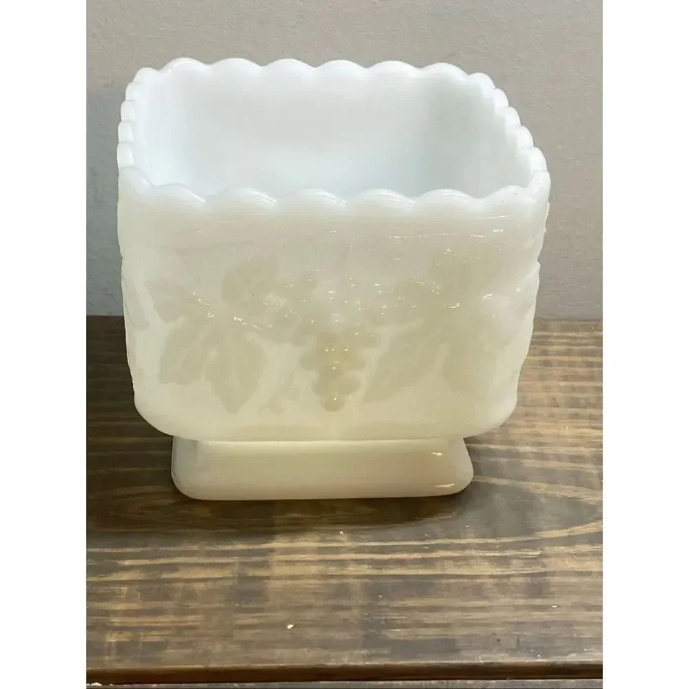 VTG Anchor Hocking Harvest Grape Square Scalloped Milk Glass Pedestal Planter